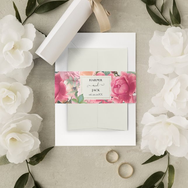 Bandeau De Faire-part Rose rose rose élégant Jardin Gold Frame Mariage (Stylish Pink Floral Rose Garden Gold Frame Wedding Invitation Belly Band
)
