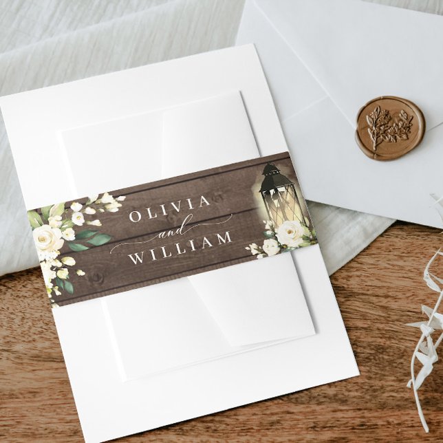 Bandeau De Faire-part Roses blanches Lanterne Mariage en bois rustique (Créateur téléchargé)