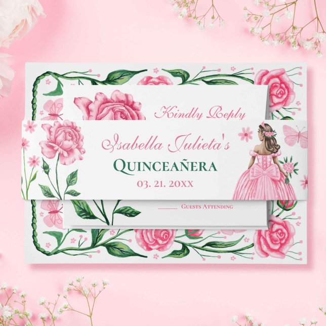 Bandeau De Faire-part Roses rose pâle Princesse Papillon Quinceañera (Blush Pink Roses Princess Butterfly Quinceañera Invitation Belly Band)