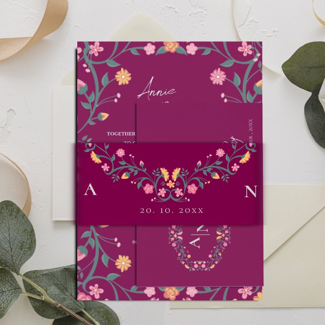 Bandeau De Faire-part Rouge Joli Monogramme Initiales Floral Mariage (Red Pretty Monogram Initials Floral Wedding Invitation Belly Band)