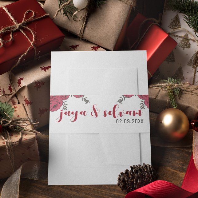 Bandeau De Faire-part Rouge Rose Floral thème Mariage (even your invitation belly band can speak about your wedding theme)