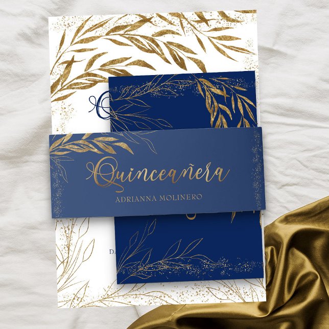 Bandeau De Faire-part Royal Blue Gold Leaf et Confetti Quinceanera (Royal Blue Quinceanera invitation belly band from my Gold Leaf Quinceanera Collection)