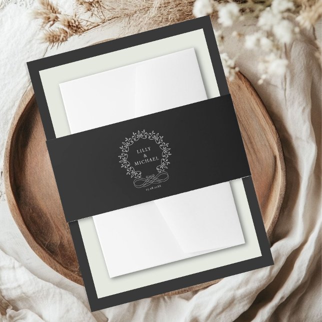 Bandeau De Faire-part Royal, Elégant, Mariage (Customer-specific, elegant, royal, crest black Wedding Invitation Belly Bands with your name & date.)