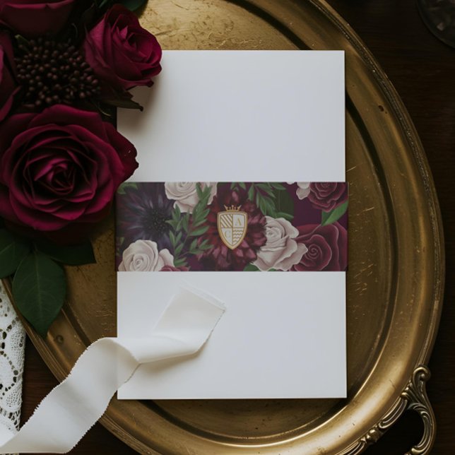 Bandeau De Faire-part Royal Muse Imaginaire médiéval Crest & Floral Mari (Royal Muse Medieval Fantasy Crest & Floral Wedding Invitation Belly Band)