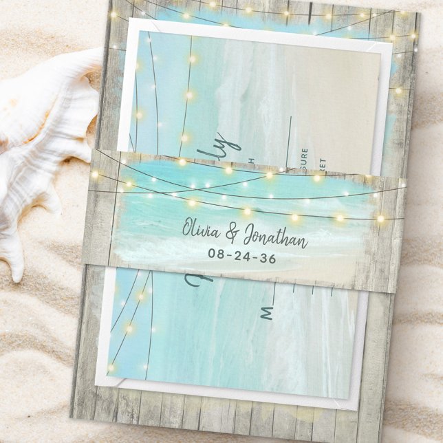 Bandeau De Faire-part Rustic Beach Bois Chaîne Lumières Océan Mariage (Créateur téléchargé)