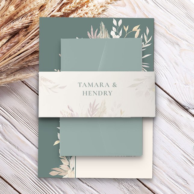Bandeau De Faire-part Sage Green Almond Mariage Foliage délicieux (Ivory Sage Green Elegant Wedding Invitation Belly Bands - Foliage Duet wedding collection)