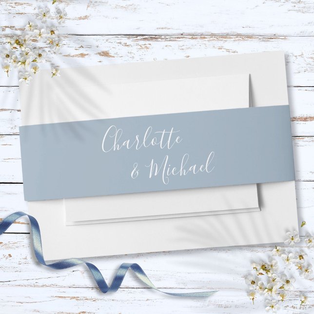 Bandeau De Faire-part Script de signature bleu foncé simple (Simple Dusty Blue Signature Script Invitation Belly Band)