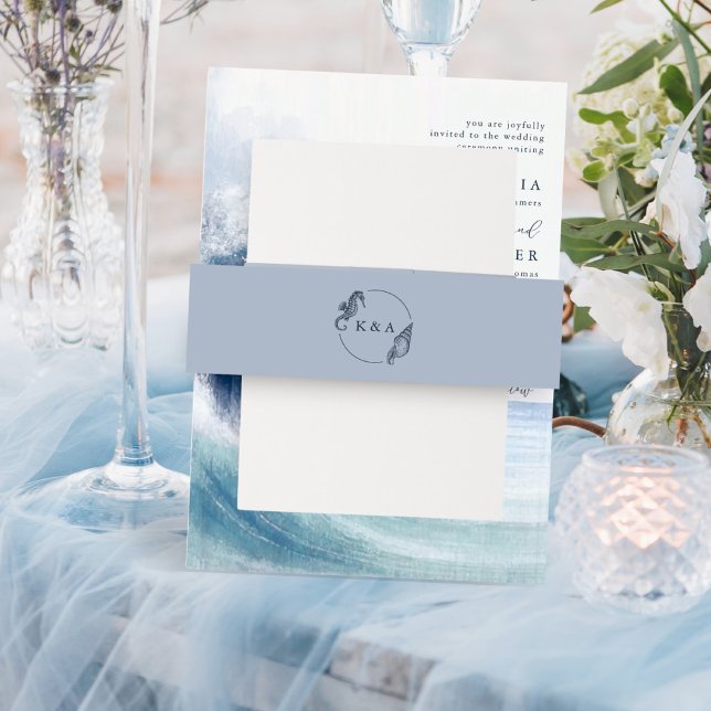 Bandeau De Faire-part Sea Shell Seahorse Nautique Monogram Beach Mariage (Créateur téléchargé)