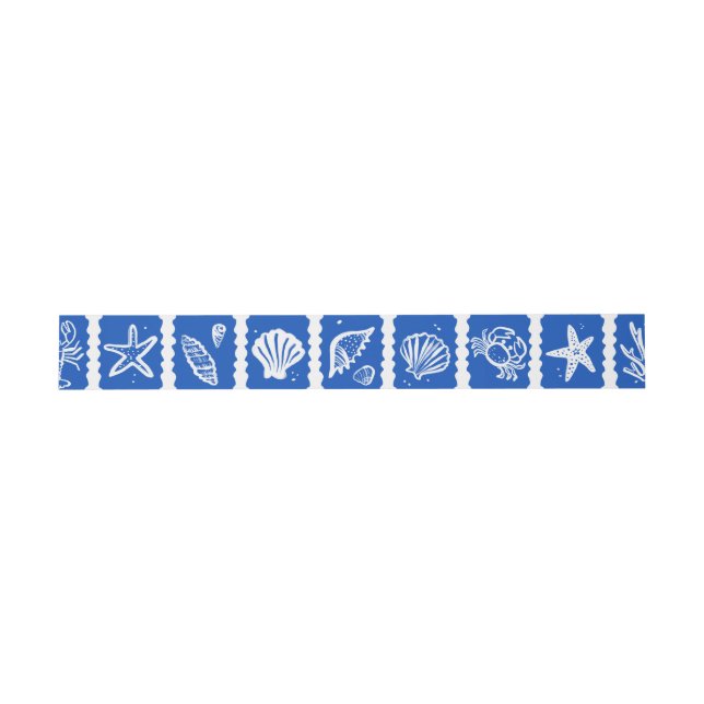 Bandeau De Faire-part Seashell Grid Plage Mariage Bleu Blanc CUSTOM (Plat)