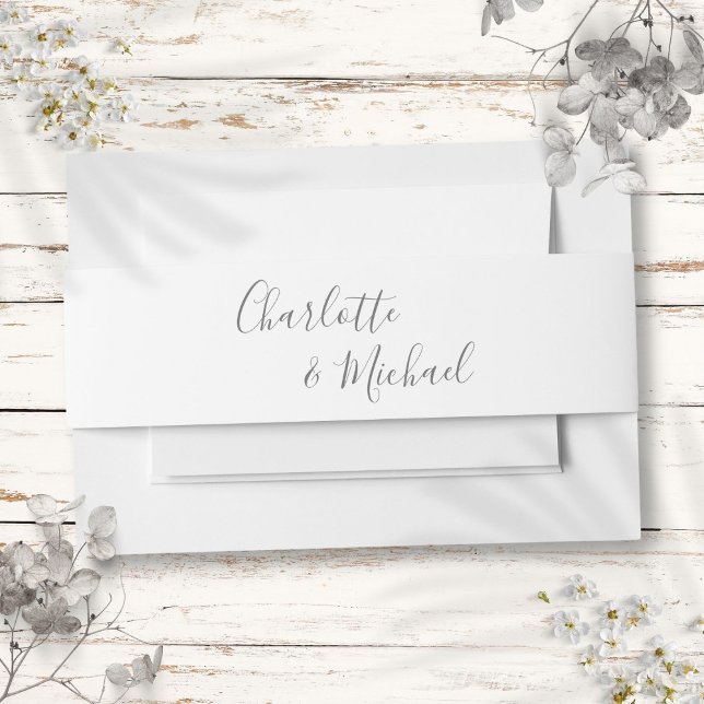 Bandeau De Faire-part Simple gris et blanc Script de signature (Simple Gray And White Signature Script Invitation Belly Band)