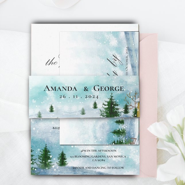Bandeau De Faire-part Snowy Winter Magie Blue Hues Snowflakes Mariage (Snowy Winter Magic Blue Hues Snowflakes Wedding Invitation Belly Band)