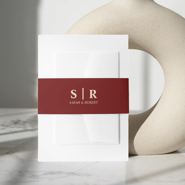 Bandeau De Faire-part Tan Brown et rouge foncé Mariage Monogramme (Tan Brown & Dark Red Monogram Wedding Invitation Belly Band)