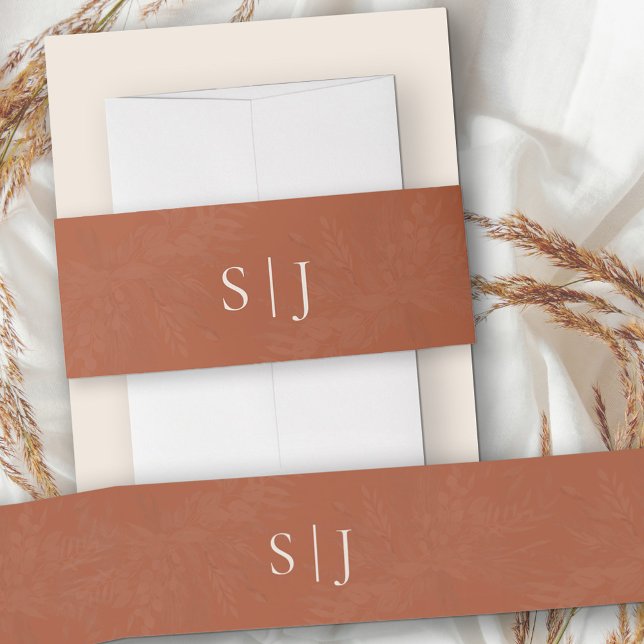Bandeau De Faire-part Terracotta Crème Monogrammé Simple (Monogrammed belly band in terracotta burnt orange with leaf shadows)