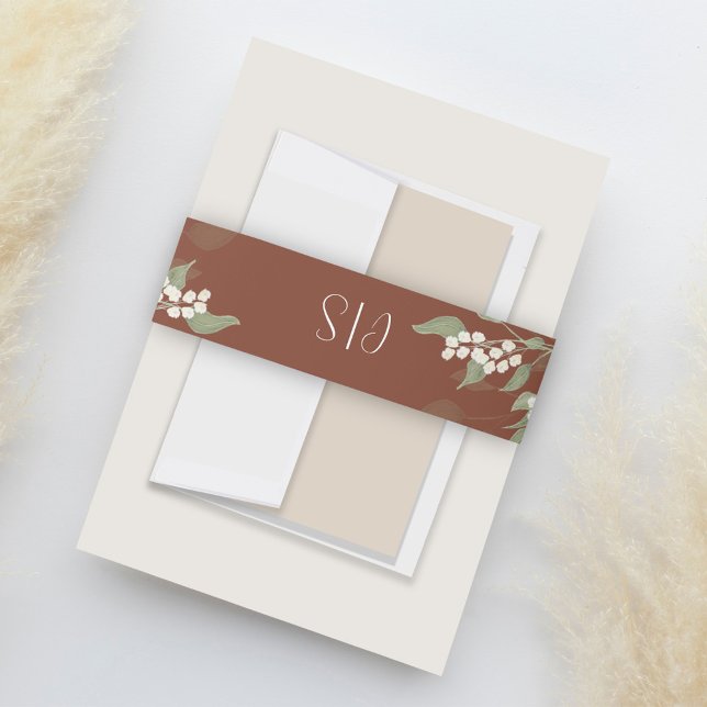Bandeau De Faire-part Terracotta Mariage Monogramme Floral Personnalisé (Terracotta wedding invitation belly band with elegant floral, greenery, and foliage. )