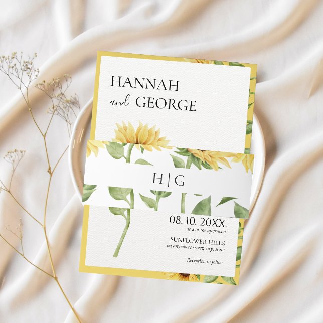 Bandeau De Faire-part Tournesol Monogramme Moderne Mariage de grange (sunflower belly band)