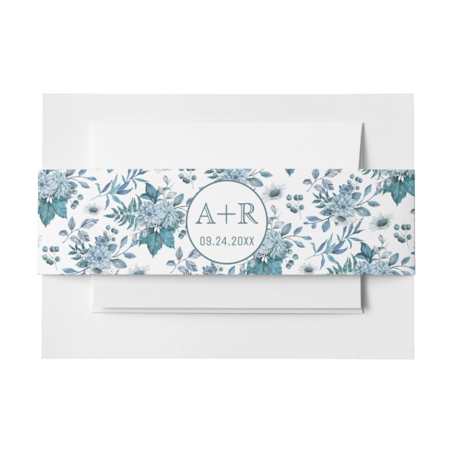 Bandeau De Faire-part Turquoise et bleu aqua motif floral initiales mari (Devant Example)
