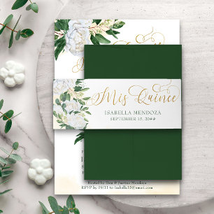 Bandeau De Faire-part Vert et Or Rose de Pivoine Blanche Floral Mis Quin