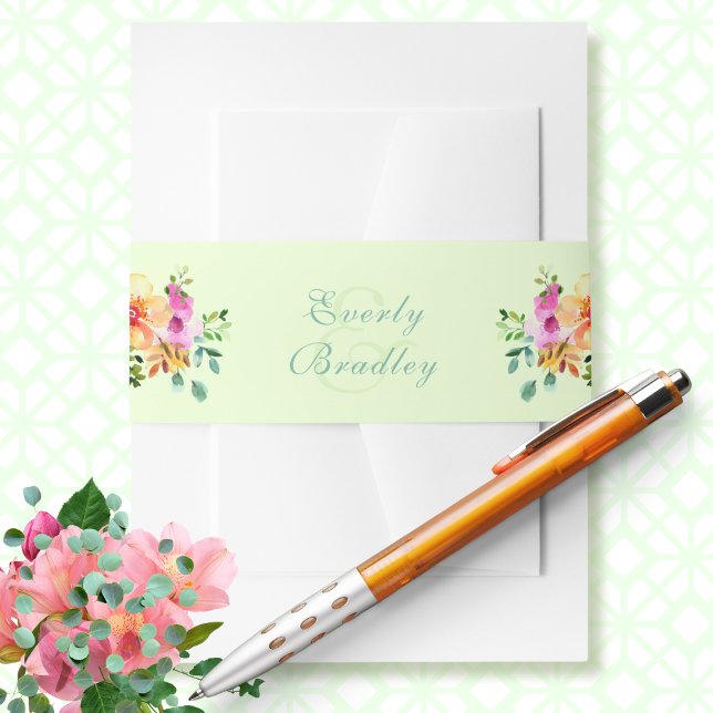 Bandeau De Faire-part Vert Pêche rose Aquarelle Boho Mariage Floral (Créateur téléchargé)