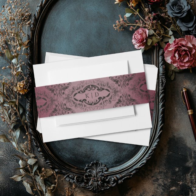 Bandeau De Faire-part Vintage chauve-souris jusqu'à la mort Bourgogne Ma (Vintage Bat Until Death Burgundy Wedding Invitation Belly Band)
