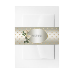 Bandeau De Faire-part White Roses Gold Hearts Invitation Bande de ventre