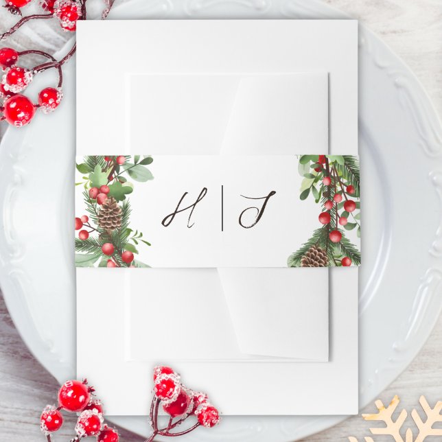 Bandeau De Faire-part Winter Red Berries Christmas Invitation Belly Band (Créateur téléchargé)