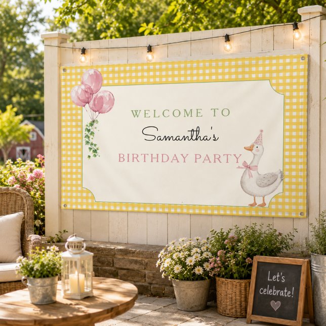 Banderole d'anniversaire à pois roses Canard en pl (Silly Goose Pink Balloons Birthday Banner)