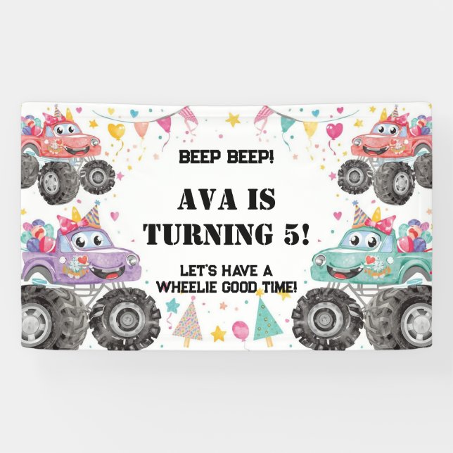 Banderole d'anniversaire pour camion monstre rose  (Horizontal)