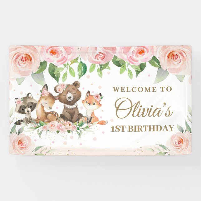 Banderole en bois mignon Animaux en fleurs rose (Horizontal)