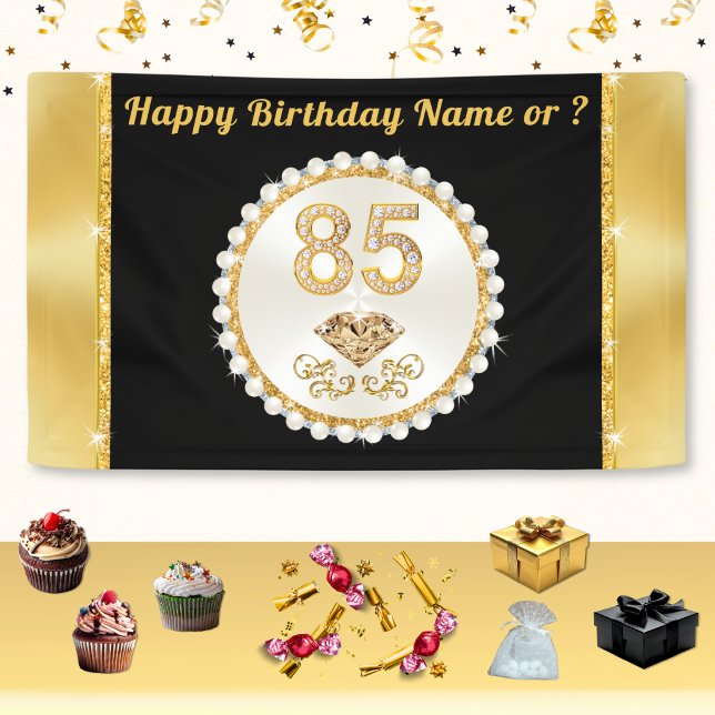 Banderole personnalisable pour 85e anniversaire, M (85th birthday banners. Black and Gold, 85th birthday motif. Personalized, 85th birthday decorations.)
