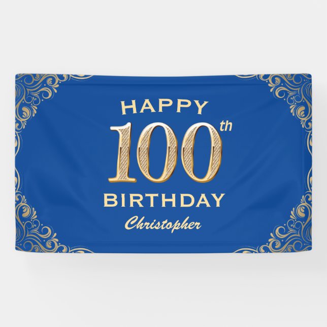 Banderoles 100e anniversaire Parties scintillant bleue et or  (Horizontal)