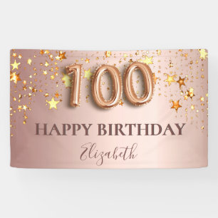Banderoles 100e anniversaire rose or étoiles script ballon ro