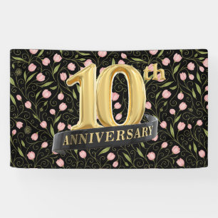 Banderoles 10e anniversaire fleur rose sur noir