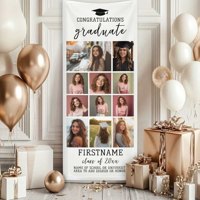 Banderoles 11 Photo Collage Graduation Moderne Minimal Blanc (Custom Graduation Photo Banner - Great backdrop and Graduation Party Decoration)