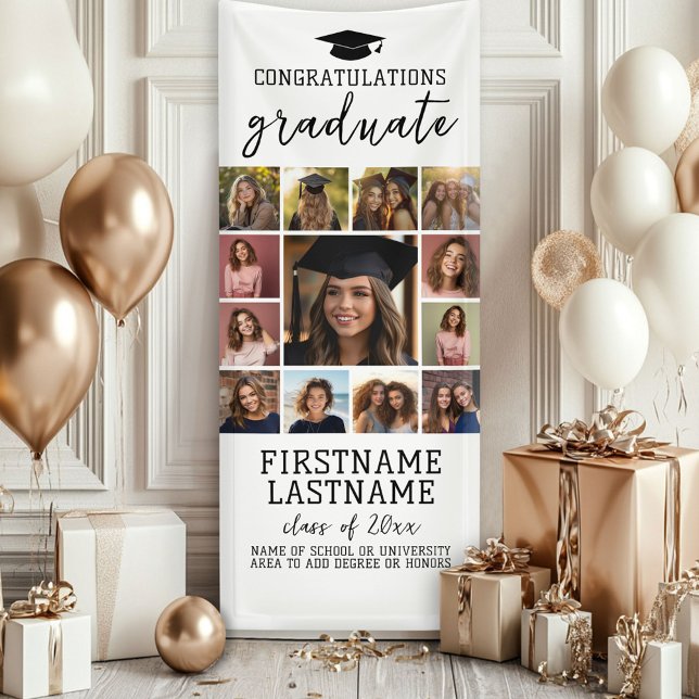 Banderoles 13 Photo Collage Graduation Moderne Minimal Blanc (Custom Graduation Banner)