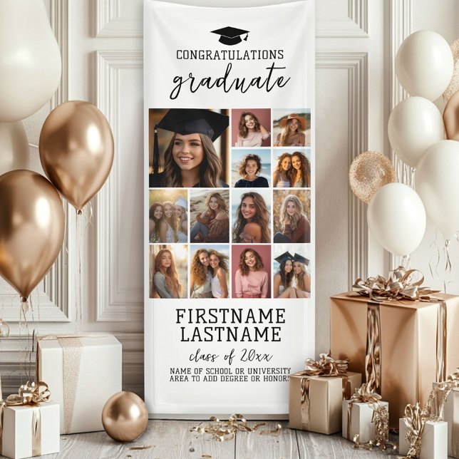 Banderoles 13 Photo Collage Graduation Moderne Minimal Blanc (Custom Graduation Photo Banner - Great backdrop and Graduation Party Decoration)