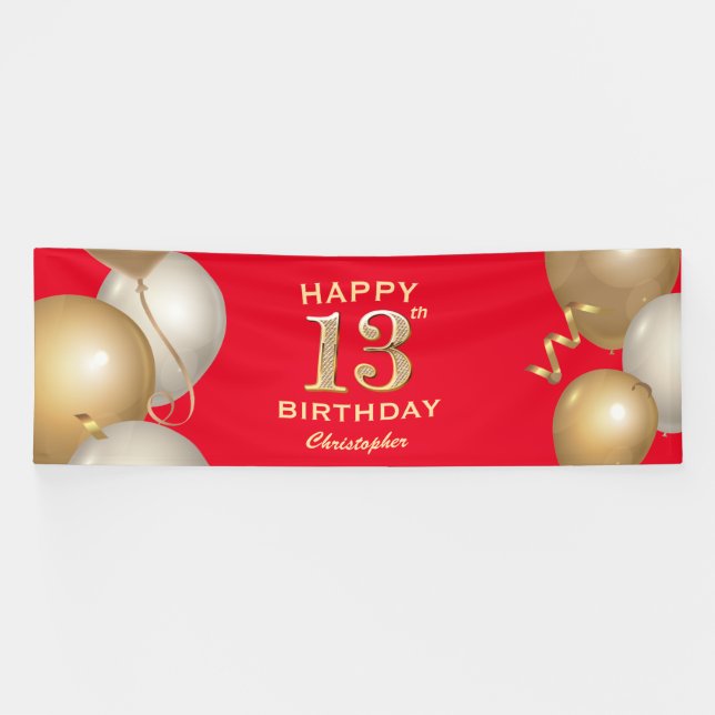 Banderoles 13e Anniversaire de Ballons Rouge et Or (Horizontal)