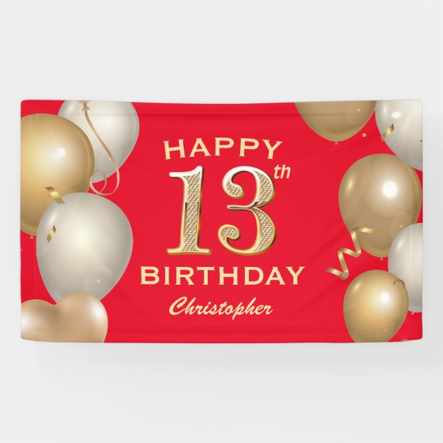 Banderoles 13e Anniversaire de Ballons Rouge et Or (Horizontal)