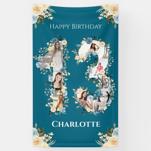 Banderoles 13e anniversaire Photo Collage Turquoise Fleur Jau (Vertical)