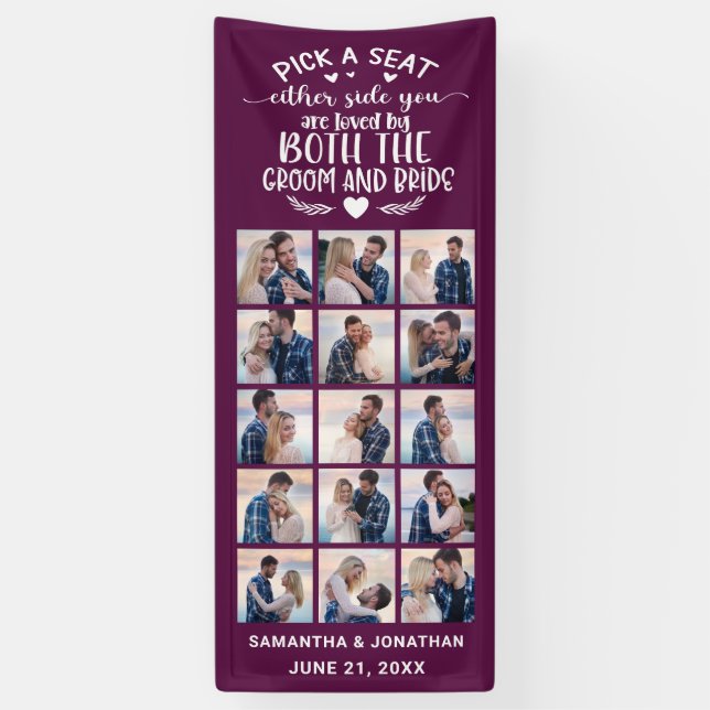 Banderoles 15 Photo Collage Plum/Blanc Bienvenue À Notre Mari (Vertical)