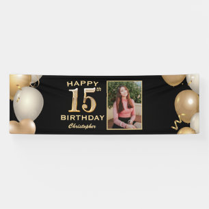 Banderoles 15e anniversaire de la fête Black and Gold Balloon
