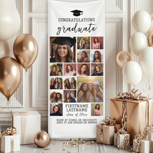 Banderoles 16 Collage Photo Diplôme Moderne Minimaliste Blanc (Custom Graduation Photo Banner - Great backdrop and Graduation Party Decoration)