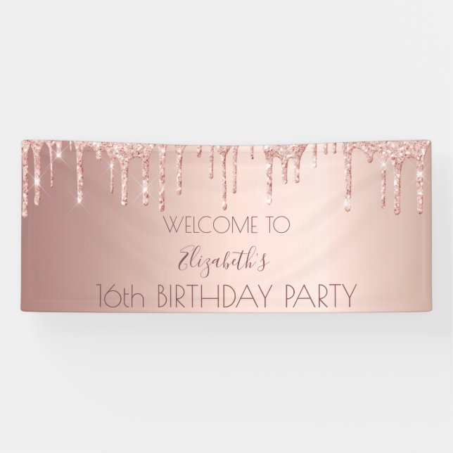 Banderoles 16e anniversaire blush rose gouttes d'or bienvenue (Horizontal)