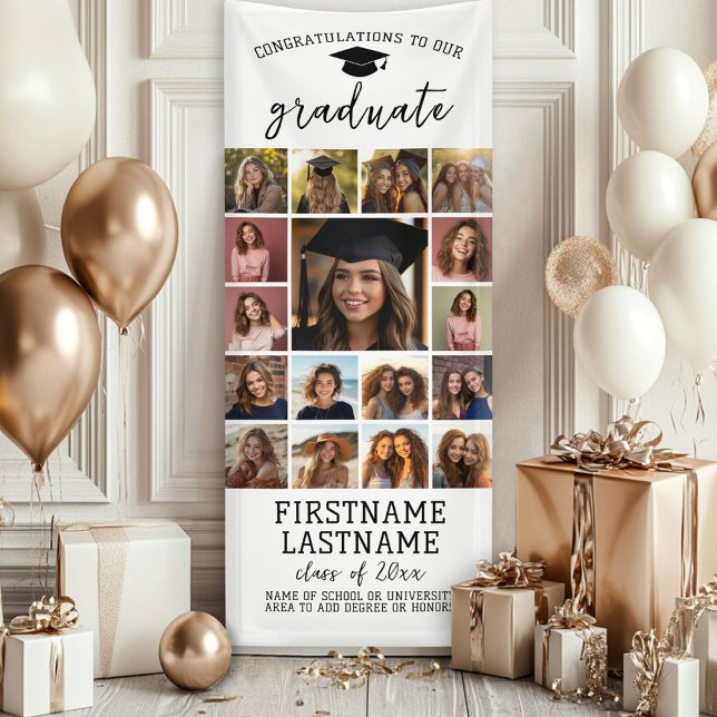 Banderoles 17 Photo Collage Graduation Moderne Minimal Blanc (Custom Graduation Banner)