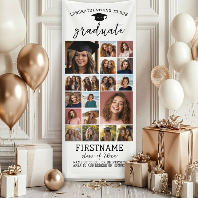 Banderoles 18 Collage Photo Diplôme Moderne Minimal Blanc (Custom Graduation Photo Banner - Great backdrop and Graduation Party Decoration)