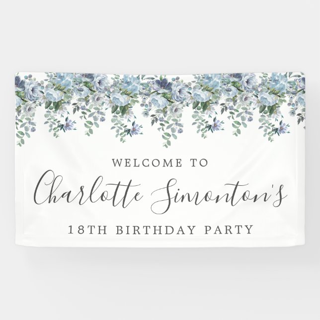 Banderoles 18e anniversaire Dusty Blue Floral Bienvenue (Horizontal)