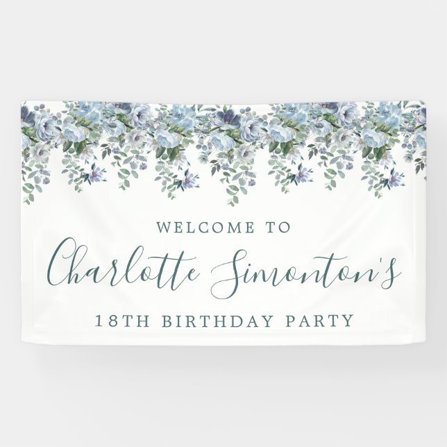 Banderoles 18e anniversaire Dusty Blue Floral Bienvenue (Horizontal)
