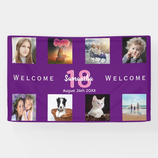 Banderoles 18e anniversaire fête photo collage fille violet (Horizontal)