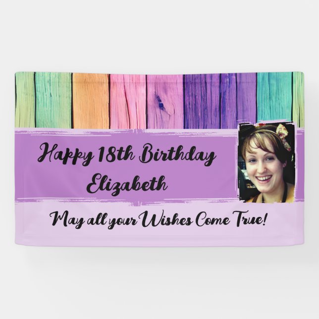Banderoles 18e anniversaire licorne couleurs nom photo violet (Horizontal)