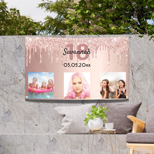 Banderoles 18e anniversaire photo personnalisée rose or rose  (Créateur téléchargé)