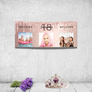 Banderoles 18e anniversaire photo rose or parties scintillant